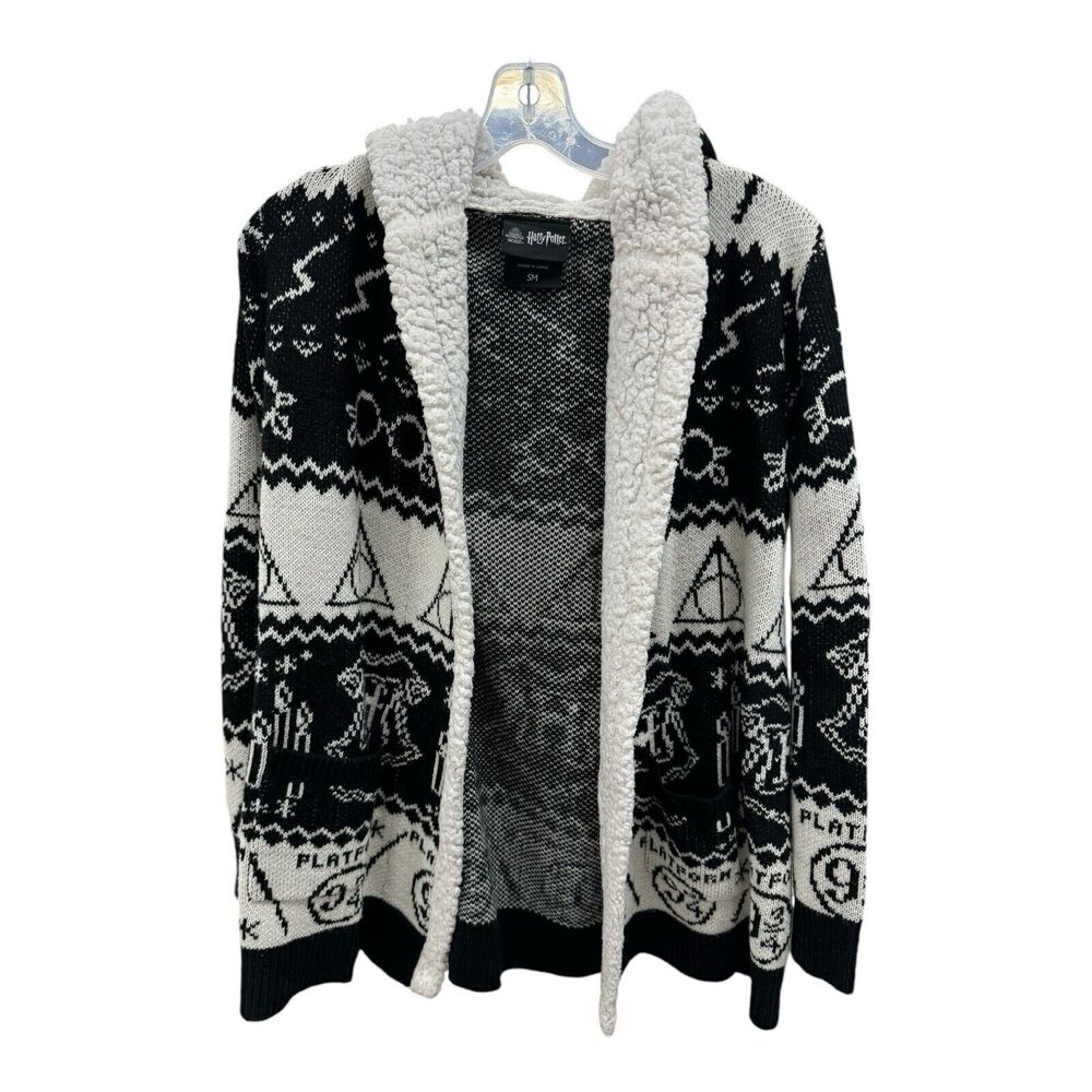 Harry Potter Horcrux Fair Isle Sherpa Open Front Cardigan Hooded Black Hallows S
